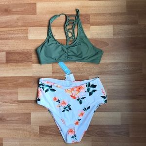 Green and white highwaisted floral bikini swimsuit